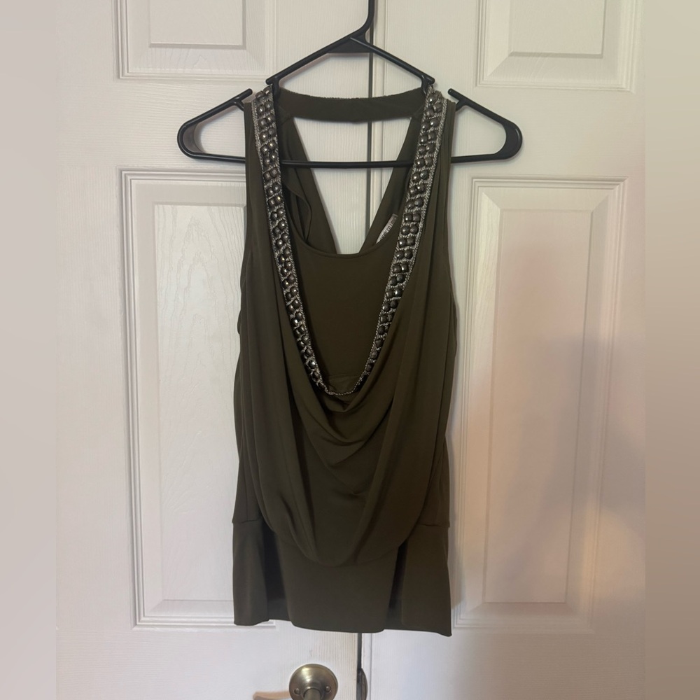 Jennifer Lopez Green Asymmetrical Embellished Tank Top